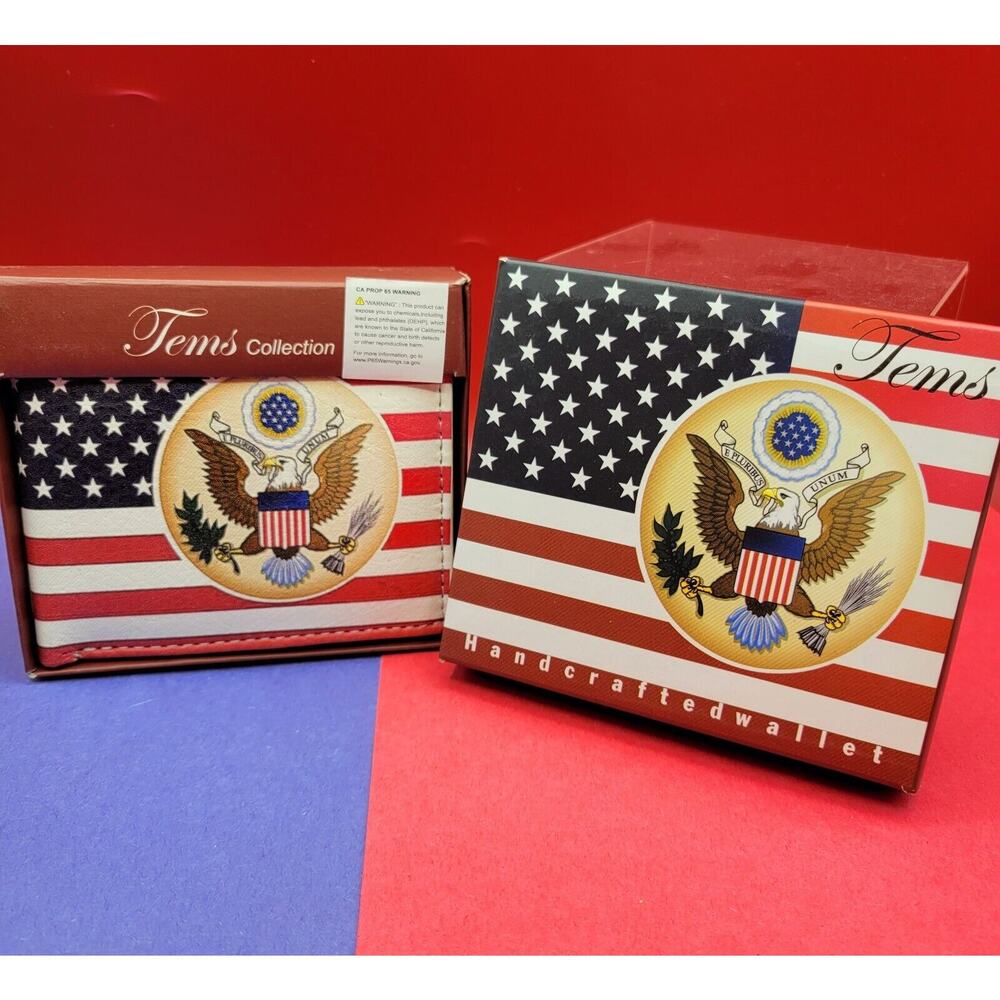 US Flag wallet with Logo Genuine PU Faux Leather Graphic Design Box Gift
